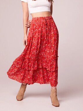 Band of The Free Ninette Crimson Floral Tiered Maxi Skirt Spring Summer Women's